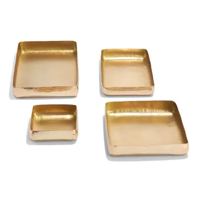 Gilded Set of 4 Hand-Crafted Hammered Decorative Trays Set Includes 2 Shapes: Square, Rectangle Iron