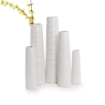 Set of Five White Ribbed Cylinder Vase