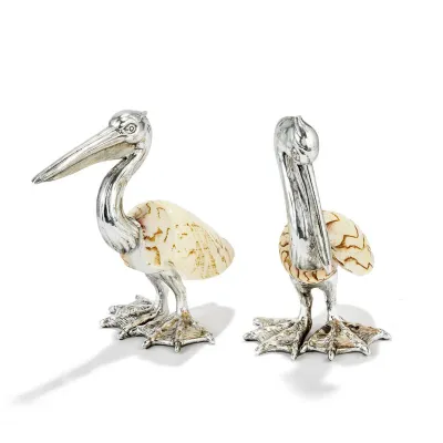 Set of 2 Shell Sculpture Pelicans Silver-Plated Resin/Cymbiola Nobilis Shell