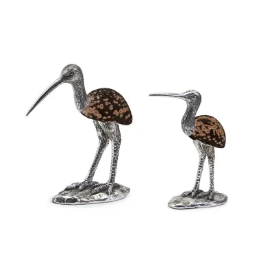 Set of 2 Egret Sculpture with Genuine Shell Silver-Plated Resin/ Humpback Cowry