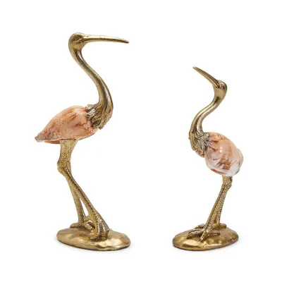 Set of 2 Sandhill Crane Sculpture with Genuine Shell Gold-Plated Resin/Cone shell