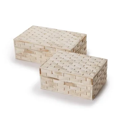 Basketweave Hinged Bone Boxes, Set of 2