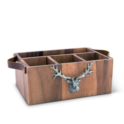 Lodge Style Elk Head Handles Wood Flatware Caddy