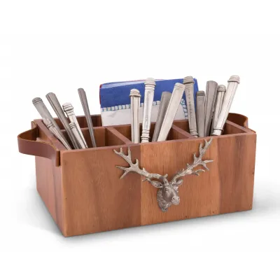 Lodge Style Elk Head Handles Wood Flatware Caddy