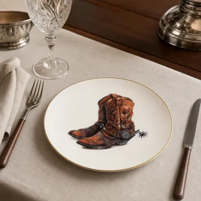 Amarillo Western Boot Pattern Bone China Round Salad Plate