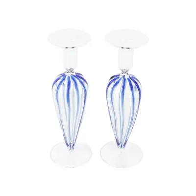 Nuovo Stripe Blue Candlesticks - Set of 2 3"D, 9.5"H