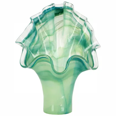 Onda Glass Green Fanned Vase 10"L, 13"W, 18"H, 48 oz