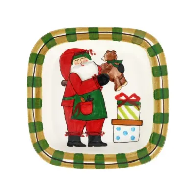 Old St. Nick Rimmed Square Platter with Teddy Bear Small
