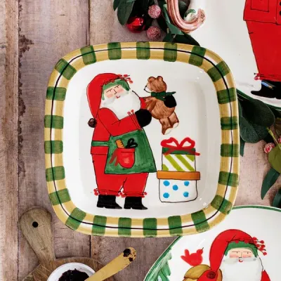 Old St. Nick Rimmed Square Platter with Teddy Bear Small