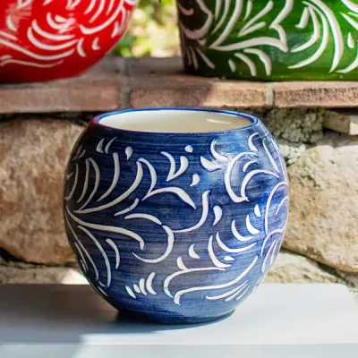 Rustic Garden Blue Scroll Round Planter Small
