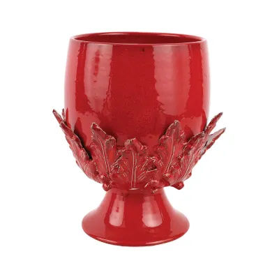 Rustic Garden Red Acanthus Leaf Large Footed Cachepot 9"D, 14"H