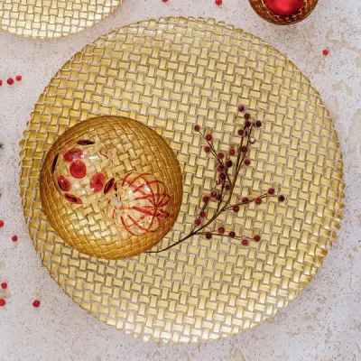 Rufolo Glass Gold Basketweave Round Platter Large