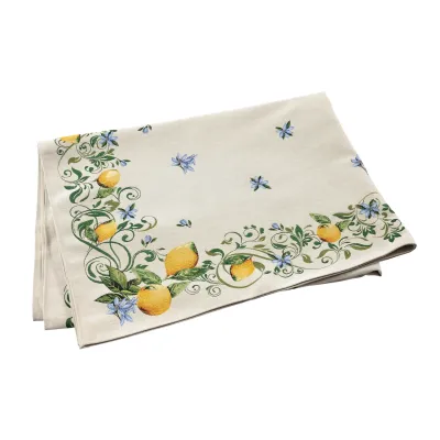 Tavola Lemons with Blue Flowers Tablecloth 102"L, 63"W