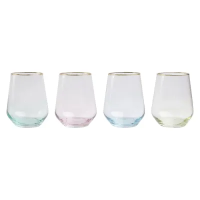 Rainbow Assorted Stemless Wine Glasses - Set of 4 4.25"H, 14 oz