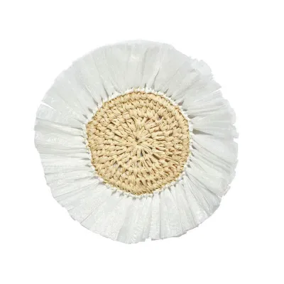Woven Rattan Fringe White Rattan 5.5" Round Coasters, Set Of 4