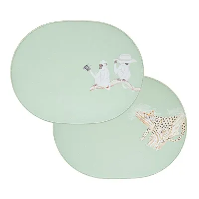 Vintage Safari Reversible Faux Leather Von Gern Home x Dragons Of Walton Street Light Green 14" x 18" Oval Placemat