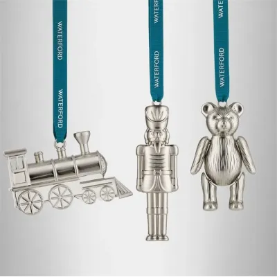 Christmas Metal Steam Train Teddy & Nutcracker Silver Ornament Set Of 3