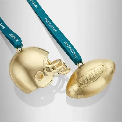 Christmas Metal Football & Football Helmet Golden Ornament Set Of 2