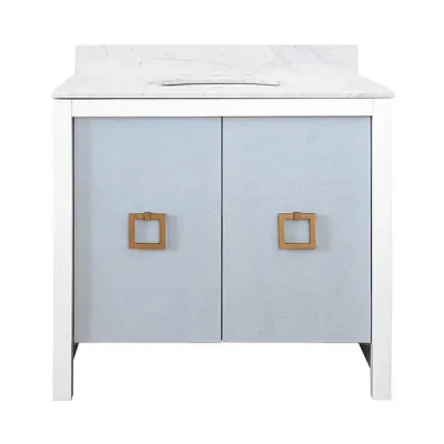 36" Single Bath Vanity With Textured Light Blue Linen Doors, Matte White Lacquer Surround, Ant Brass Hardware, White Marble Top, And Porcelain Sink