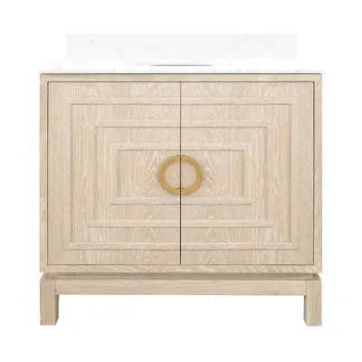 36" Single Bath Vanity In Cerused Oak With Antique Brass Circle Hardware, White Marble Top, And Porcelain Sink