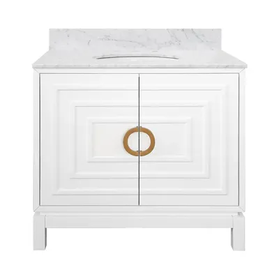 36" Single Bath Vanity In Matte White Lacquer With Antique Brass Circle Hardware, White Marble Top, And Porcelain Sink