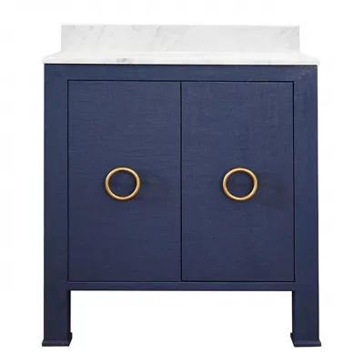 Blanche 30" Single Bath Vanity in Textured Navy Linen with Antique Brass Hardware, White Marble Top, And Porcelain Sink