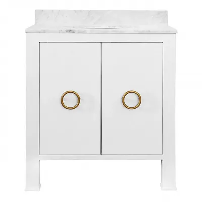 Blanche 30" Single Bath Vanity in Textured White Linen with Antique Brass Hardware, White Marble Top, And Porcelain Sink