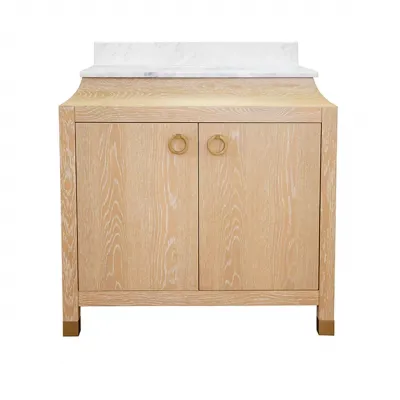 Bree 30" Single Bath Vanity in Ceruse Oak With Antique Brass Ring Hardware, White Marble Top, And Porcelain Sink