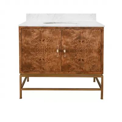 Clifford 36" Single Bath Vanity in Matte Dark Burl Wood And Antique Brass With White Marble Top And Porcelain Sink
