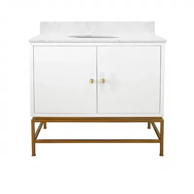 Clifford 36" Single Bath Vanity in Matte White Lacquer And Antique Brass With White Marble Top And Porcelain Sink