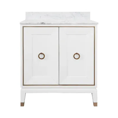 30" Single Bath Vanity In Matte White Lacquer With Antique Brass Detail, White Marble Top, And Porcelain Sink