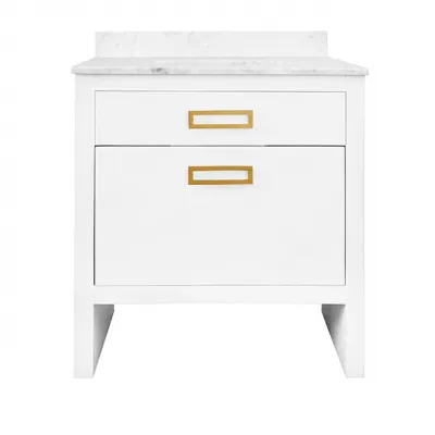 Seth 30" Single Bath Vanity in Matte White Lacquer With Antique Brass Rectangular Hardware, White Marble Top, And Porcelain Sink