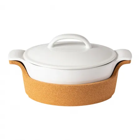 Ensemble White Oval Covered Casserole With Cork Tray 11.75'' X 8.25'' H6.25'' | 65 Oz.