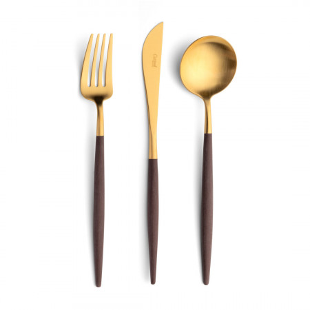 Goa Brown Handle/Gold Matte 75 pc Set Special Order (12x: Dinner Knives, Dinner Forks, Table Spoons, Coffee/Tea Spoons, Dessert Knives, Dessert Forks; 1x: Soup Ladle, Serving Spoon, Serving Fork)