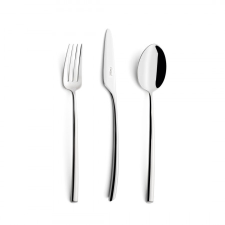 Mezzo Steel Polished 130 pc Set Special Order (12x: Dinner Knives, Dinner Forks, Table Spoons, Coffee/Tea Spoons, Mocha Spoons, Dessert Knives, Dessert Forks, Dessert Spoons, Fish Knives, Fish Forks; 1x: Soup Ladle, Serving Knife, Serving Fork, Serving Spoon, Sauce Ladle, Cheese Knife, Sugar Ladle, Pie Server, Fish Serving Knife, Fish Serving Fork)