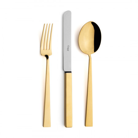 Bauhaus Gold Polished 130 pc Set Special Order (12x: Dinner Knives, Dinner Forks, Table Spoons, Coffee/Tea Spoons, Mocha Spoons, Dessert Knives, Dessert Forks, Dessert Spoons, Fish Knives, Fish Forks; 1x: Soup Ladle, Serving Knife, Serving Fork, Serving Spoon, Sauce Ladle, Cheese Knife, Sugar Ladle, Pie Server, Salad Serving Set)