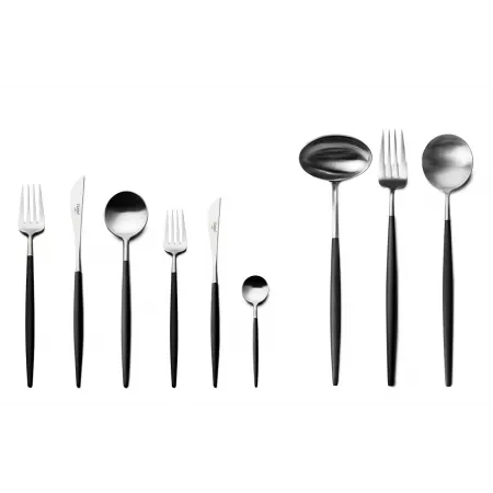 Goa Black Handle/Steel Matte 75 pc Set Special Order (12x: Dinner Knives, Dinner Forks, Table Spoons, Coffee/Tea Spoons, Dessert Knives, Dessert Forks; 1x: Soup Ladle, Serving Spoon, Serving Fork)
