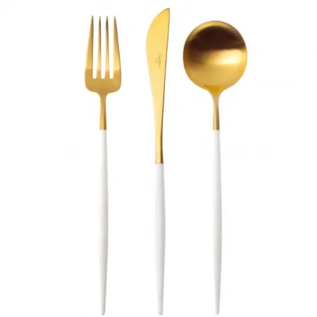 Goa White Handle/Gold Matte 75 pc Set Special Order (12x: Dinner Knives, Dinner Forks, Table Spoons, Coffee/Tea Spoons, Dessert Knives, Dessert Forks; 1x: Soup Ladle, Serving Spoon, Serving Fork)
