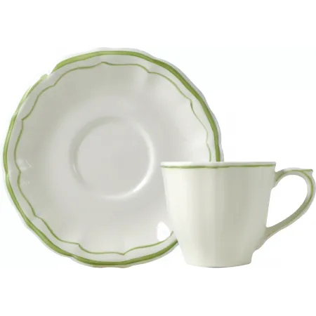 Filet Green US Tea Cups & Saucers 8 1/2 Oz, 6" Dia, Set of 2