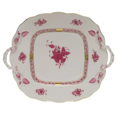 Chinese Bouquet Raspberry Square Cake Plate With Handles 9.5 in Sq