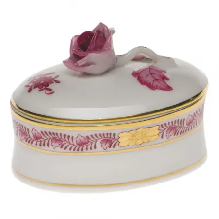 Chinese Bouquet Raspberry Oval Box With Rose 2.75 in L X 2 in H