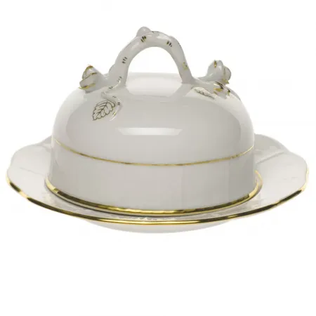 Golden Edge Covered Butter Dish 6 in D 3.5 in H