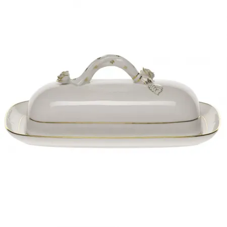 Golden Edge Butter Dish With Branch 8.5 in L