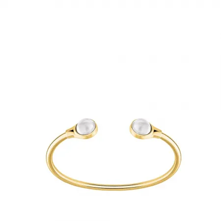 Cabochon Flexible Bangle White Pearly Clear Crystal, 18K Yellow Gold-Plated, Small