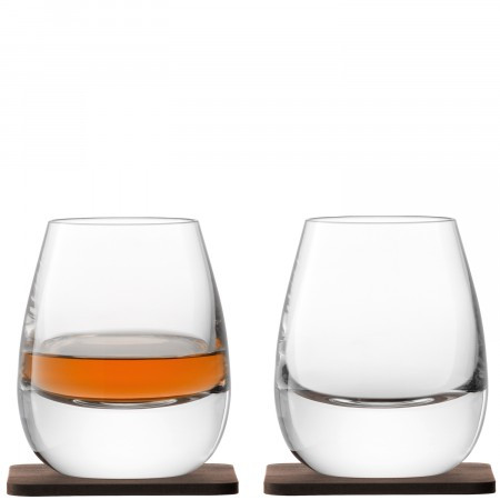 Whisky Islay Double Old Fashioned Tumbler 8 oz Clear & Walnut Coaster, Set of 2