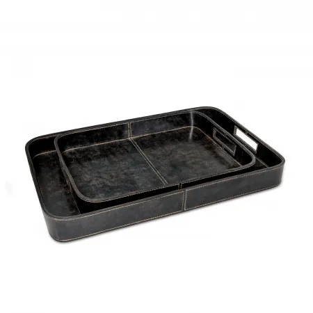 Derby Rectangle Leather Tray Set, Black