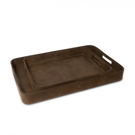 Derby Rectangle Leather Tray Set, Brown