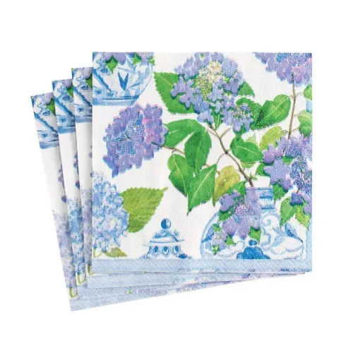 Caspari Hydrangeas and Porcelain Boxed Paper Cocktail Napkins, 40 Per