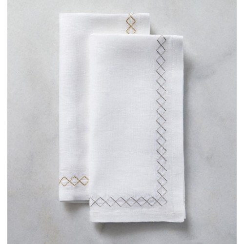 Sferra Filetto Modern Classic White Linen Gold Border Dinner Napkins - Set  of 4