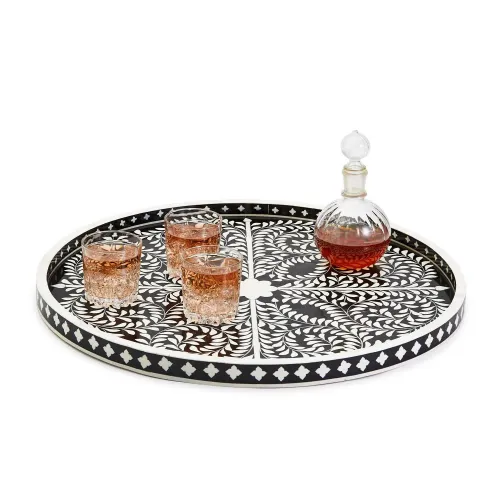 Tozai Jaipur Palace Black and White Decorative Round Serving Tray